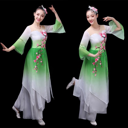 Women girls fuchsia blue green gradient chinese folk classical dance costumes elegant umbrella fan dance dress hanfu Choir performance costumes for female